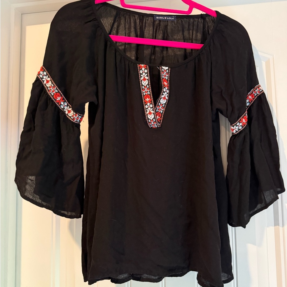 Black Embroidered Bell-Sleeve Blouse